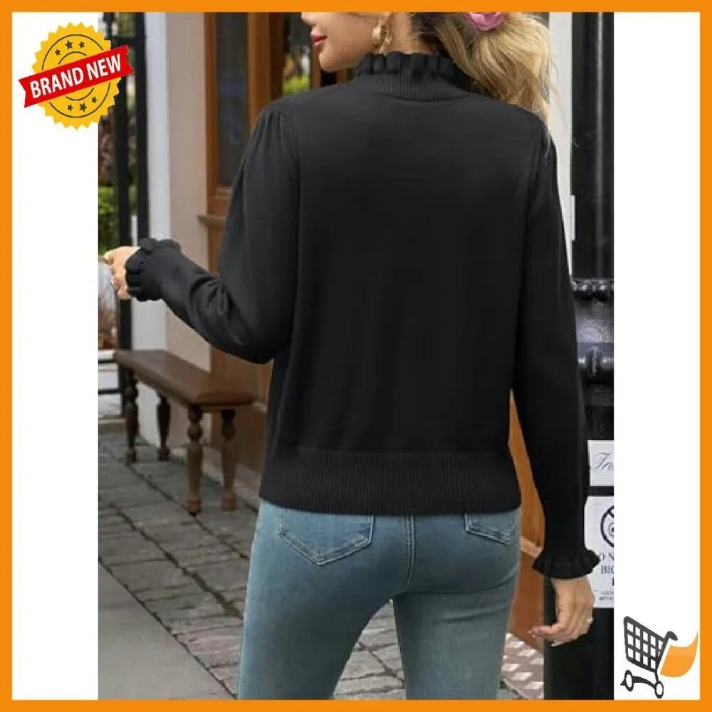 Ruffle Mock Neck Sweater Puff Sleeve Knit Pullover Women's Fall Top